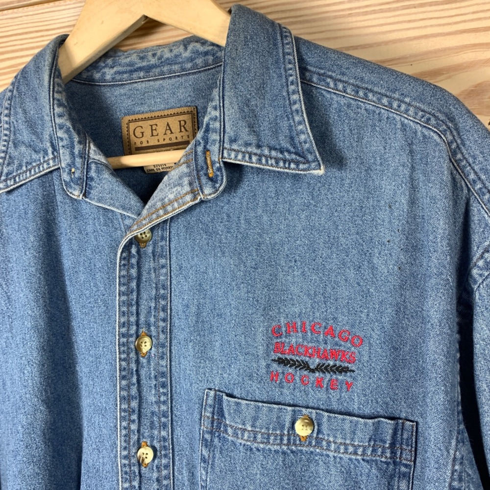 Vtg 90s Chicago Blackhawks Shirt Mens XL Denim Hockey Button Down Gear Sports